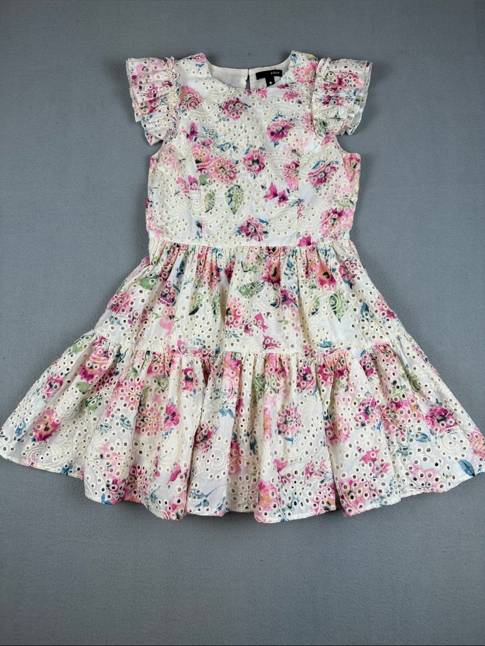 Aqua Off-White Romantic summer Eyelet Dress with Pink Floral Print
Size: Small
